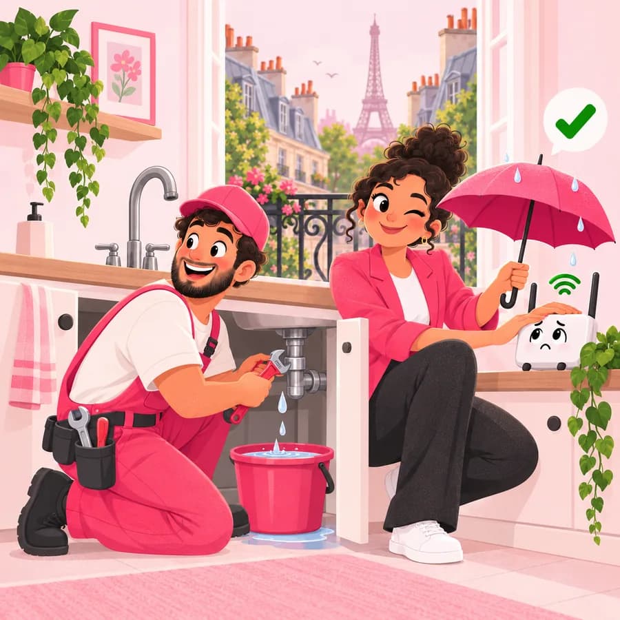 Un plombier répare une fuite pendant que la conciergerie protège le routeur wifi sous un parapluie